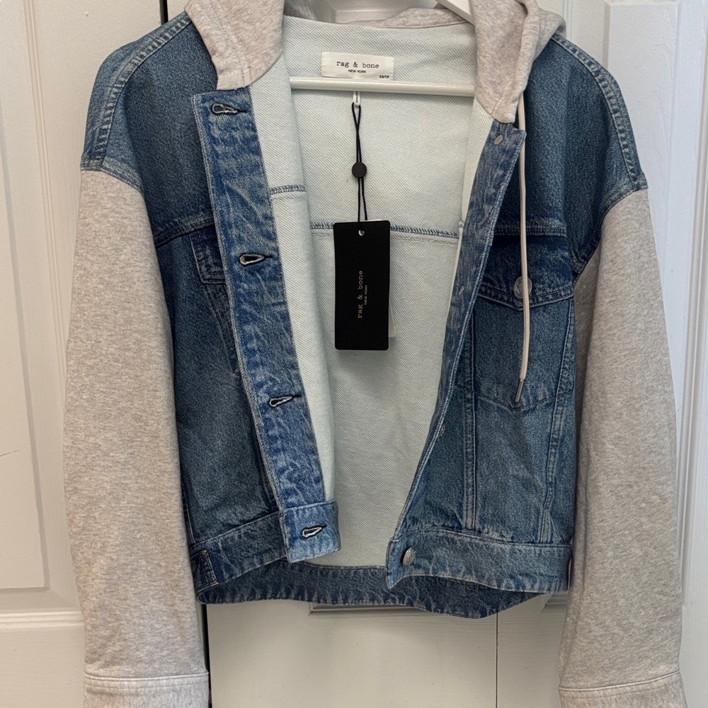 rag & bone Blue Denim Jacket with Gray Hooded Sleeves